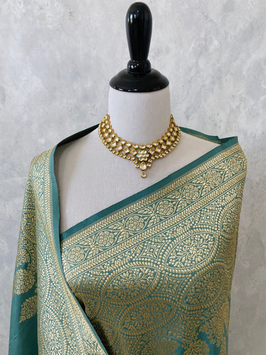 Banarasi Ektara Katan Silk Saree | Tissue Organza Band | Light Teal Blue | Thread Work | Handwoven | Silk Mark | Ships from California